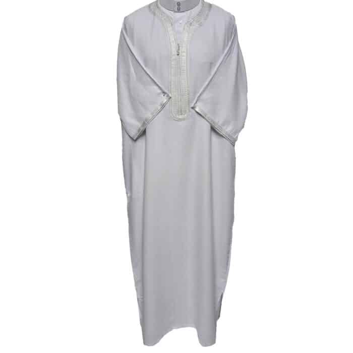 M3qs Azdwht 0026 Moroccan Cotton Blend White 3 Quarter Sleeves Thobe Jubba Kandorah Dishdasha (7)