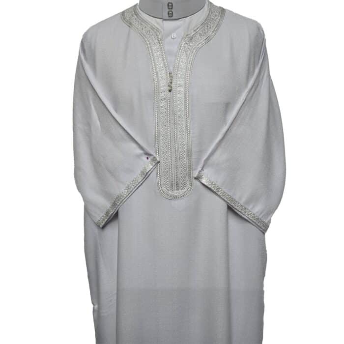 M3qs Azdwht 0026 Moroccan Cotton Blend White 3 Quarter Sleeves Thobe Jubba Kandorah Dishdasha (8)