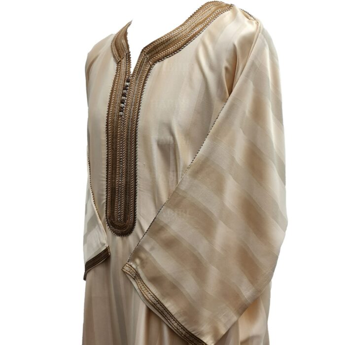 M3qs Bgbrn 0ja Men’s Moroccan 3 Quarter Sleeve Beige Brown Striped Jubba Thobe Djellaba (1)