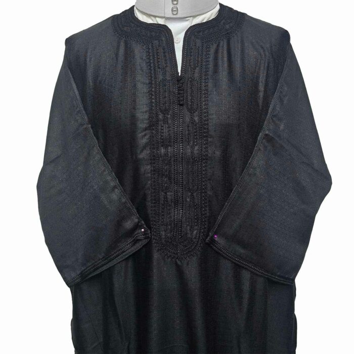 M3qs Bgman 001 Moroccan Cotton Blend Black 3 Quarter Sleeves Thobe Jubba Kandorah Dishdasha (8)