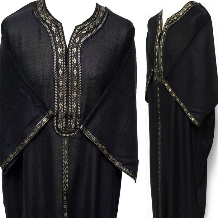 Moroccan Rich Cotton 3-Quarter Sleeve Black/Gold Thobe