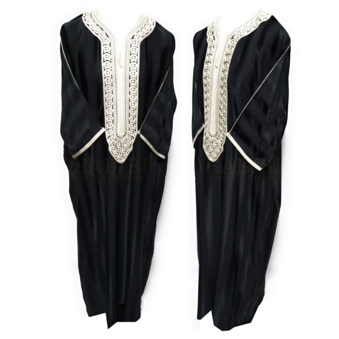 M3qs Blkofwt03 Men's Moroccan 3 Quarter Sleeve Black Striped Jubba Thobe Djellaba