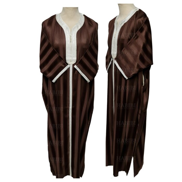 M3qs Brwnn 001a Men's Moroccan 3 Quarter Sleeve Brown Striped Jubba Thobe (2)