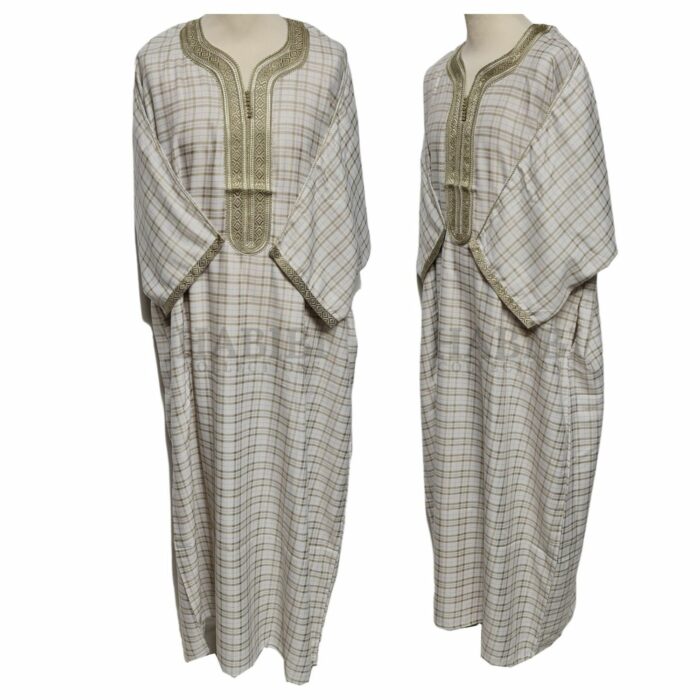 M3qs Checkbg 0018 Men Moroccan Beige Checkered 3 Quarter Sleeves Thobe Jubba Kandora (38)
