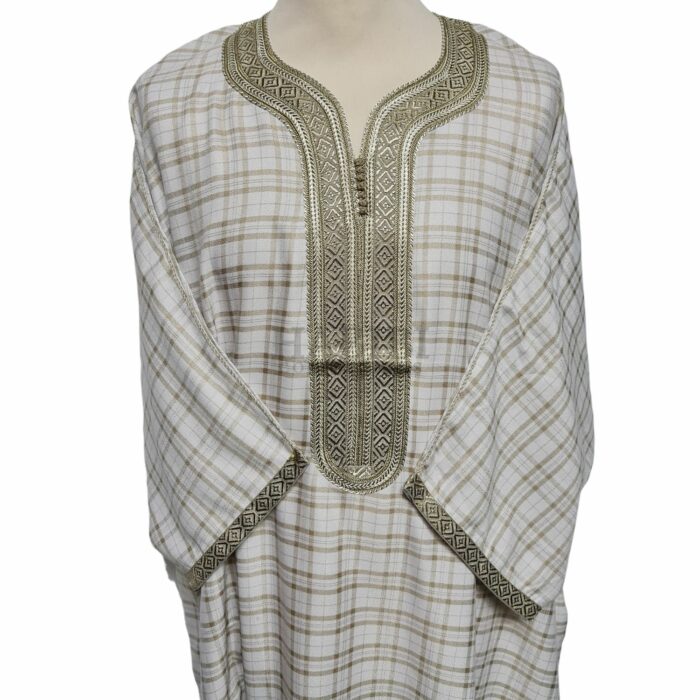 M3qs Checkbg 0018 Men Moroccan Beige Checkered 3 Quarter Sleeves Thobe Jubba Kandora (39)