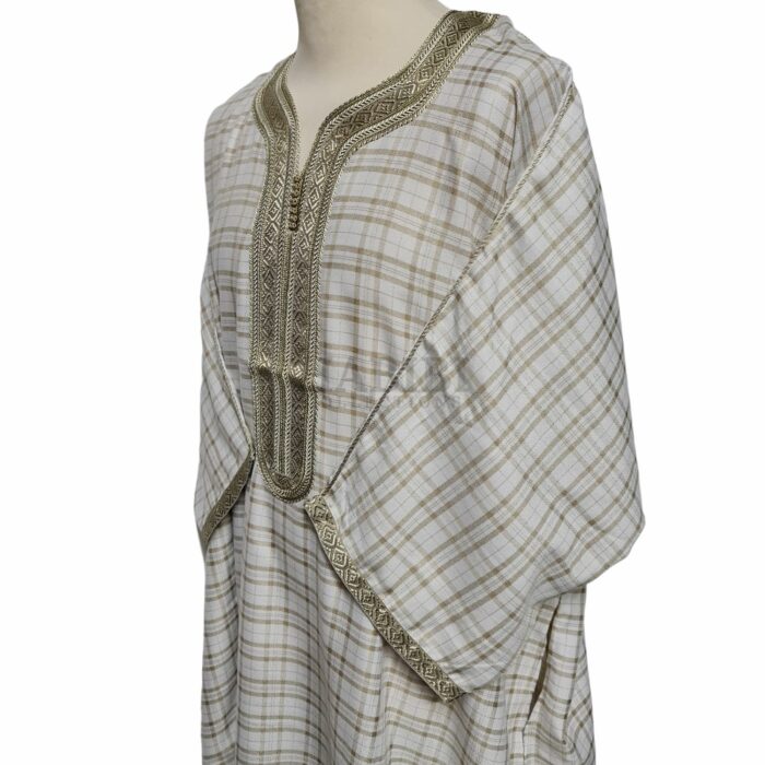 M3qs Checkbg 0018 Men Moroccan Beige Checkered 3 Quarter Sleeves Thobe Jubba Kandora (40)