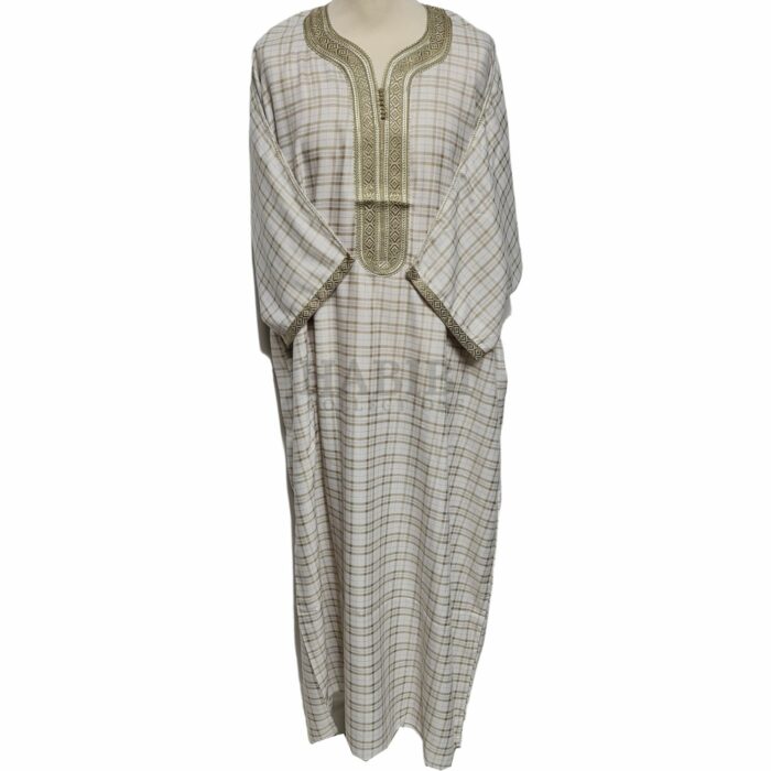 M3qs Checkbg 0018 Men Moroccan Beige Checkered 3 Quarter Sleeves Thobe Jubba Kandora (41)