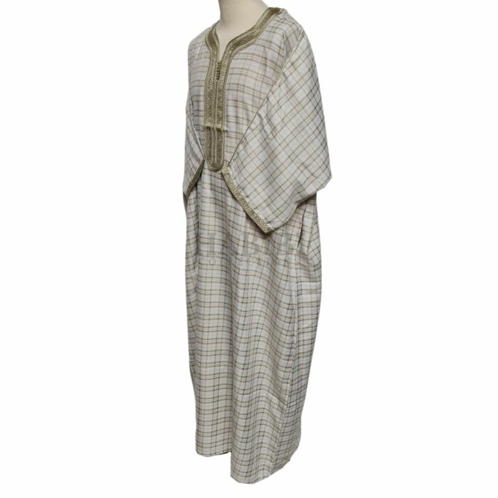 M3qs Checkbg 0018 Men Moroccan Beige Checkered 3 Quarter Sleeves Thobe Jubba Kandora (42)