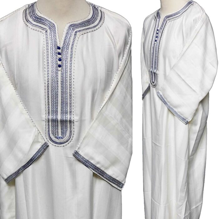 Moroccan Rich Cotton 3-Quarter Sleeve Thobe Cream/Blue