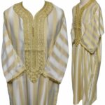 Men's Moroccan 3-Quarter Sleeve Striped Gold Beige Jubba Thobe