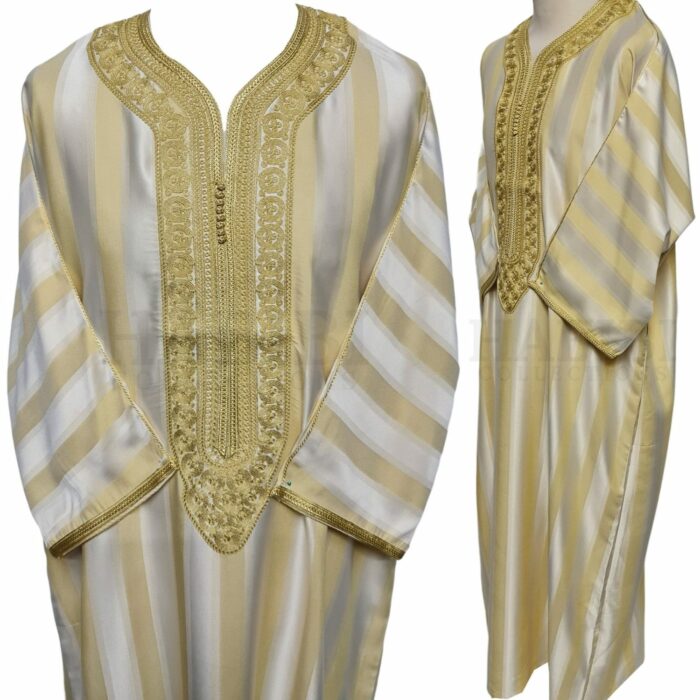 Men's Moroccan 3-Quarter Sleeve Striped Gold Beige Jubba Thobe