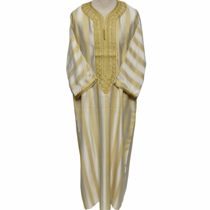 Men's Moroccan 3-Quarter Sleeve Striped Gold Beige Jubba Thobe