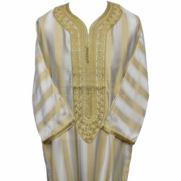 Men's Moroccan 3-Quarter Sleeve Striped Gold Beige Jubba Thobe