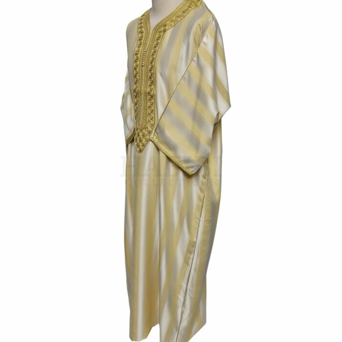 Men's Moroccan 3-Quarter Sleeve Striped Gold Beige Jubba Thobe