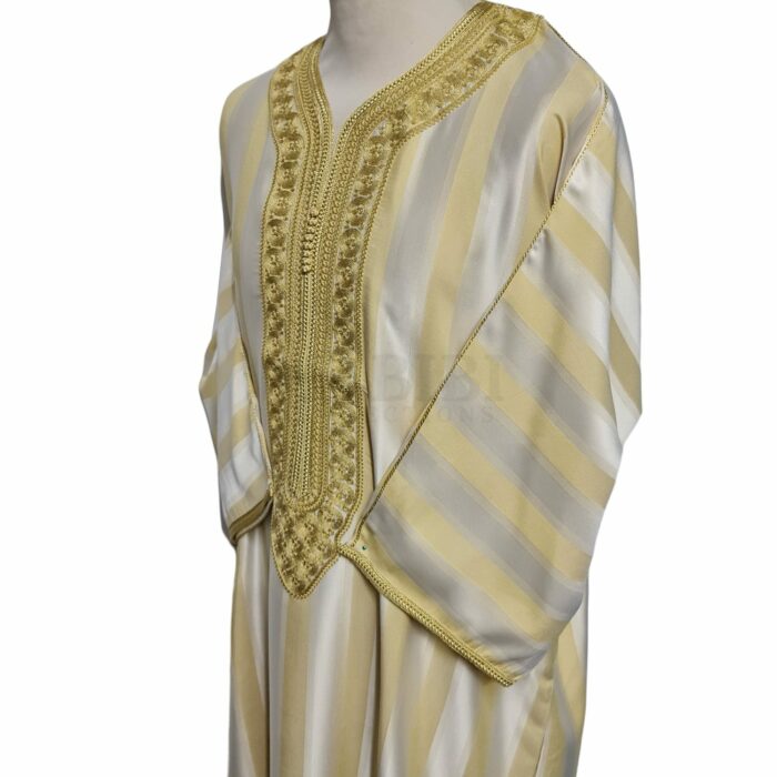 Men's Moroccan 3-Quarter Sleeve Striped Gold Beige Jubba Thobe