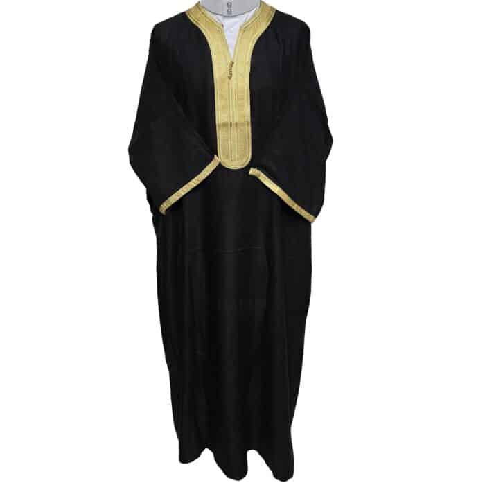 M3qs Ctnwepic 0024 Moroccan Cotton Blend Black Gold 3 Quarter Sleeve Thobe Jubba Kandora Dishdasha (7)