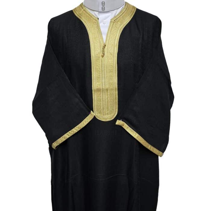 M3qs Ctnwepic 0024 Moroccan Cotton Blend Black Gold 3 Quarter Sleeve Thobe Jubba Kandora Dishdasha (8)