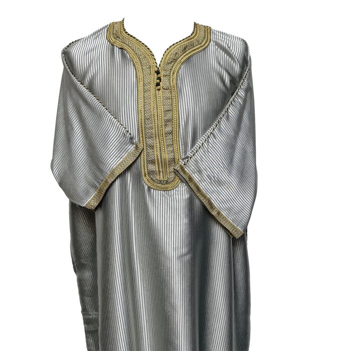 M3qs Gryfngld 0028 Moroccan Grey Stripe Cotton Blend 3 Quarter Sleeve Thobe Jubba Dishdasha Kandora0216 192457