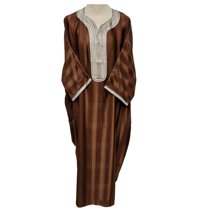 M3qs Lbrwnn 001a Men's Moroccan 3 Quarter Sleeve Light Brown Striped Jubba Thobe 160726