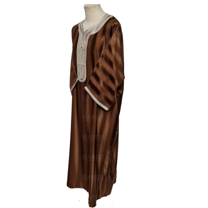 M3qs Lbrwnn 001a Men's Moroccan 3 Quarter Sleeve Light Brown Striped Jubba Thobe 160756