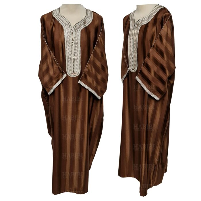 M3qs Lbrwnn 001b Men's Moroccan 3 Quarter Sleeve Light Brown Striped Jubba Thobe 160802 (2)
