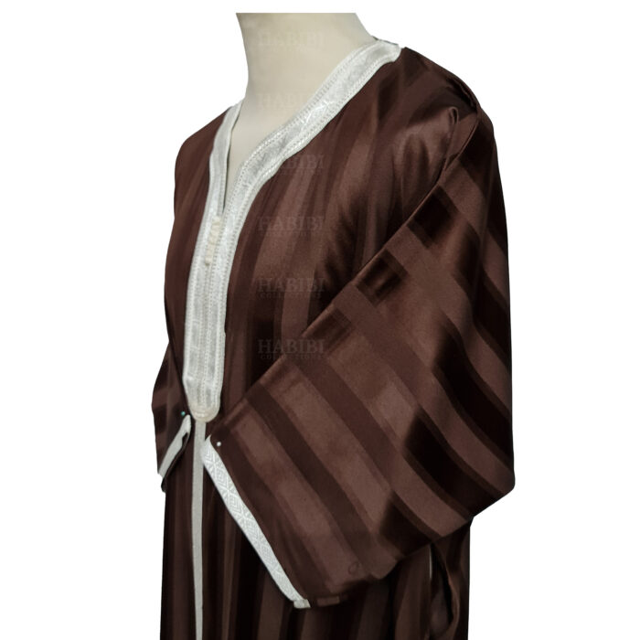 M3qs Lbrwnn 001b Men's Moroccan 3 Quarter Sleeve Light Brown Striped Jubba Thobe 160802 (3)