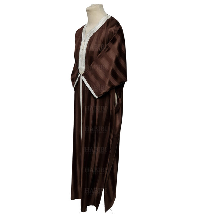 M3qs Lbrwnn 001b Men's Moroccan 3 Quarter Sleeve Light Brown Striped Jubba Thobe 160802 (4)