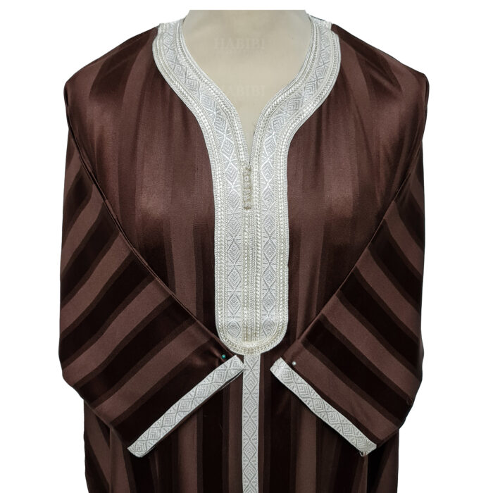 M3qs Lbrwnn 001b Men's Moroccan 3 Quarter Sleeve Light Brown Striped Jubba Thobe 160802 (5)