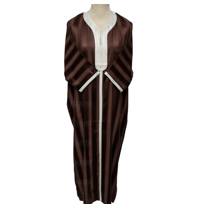 M3qs Lbrwnn 001b Men's Moroccan 3 Quarter Sleeve Light Brown Striped Jubba Thobe 160802 (6)