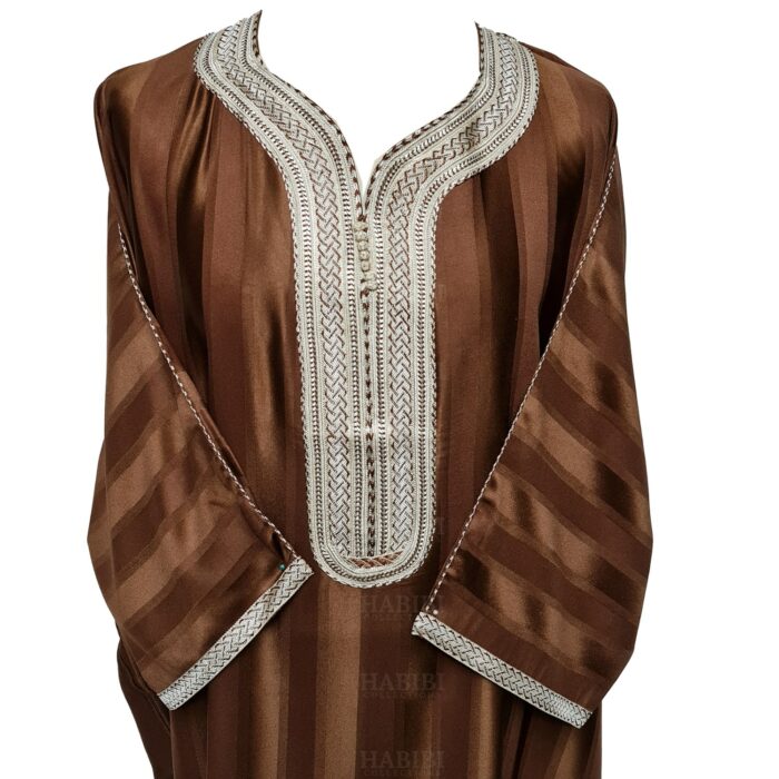 M3qs Lbrwnn 001b Men's Moroccan 3 Quarter Sleeve Light Brown Striped Jubba Thobe 160802 (7)