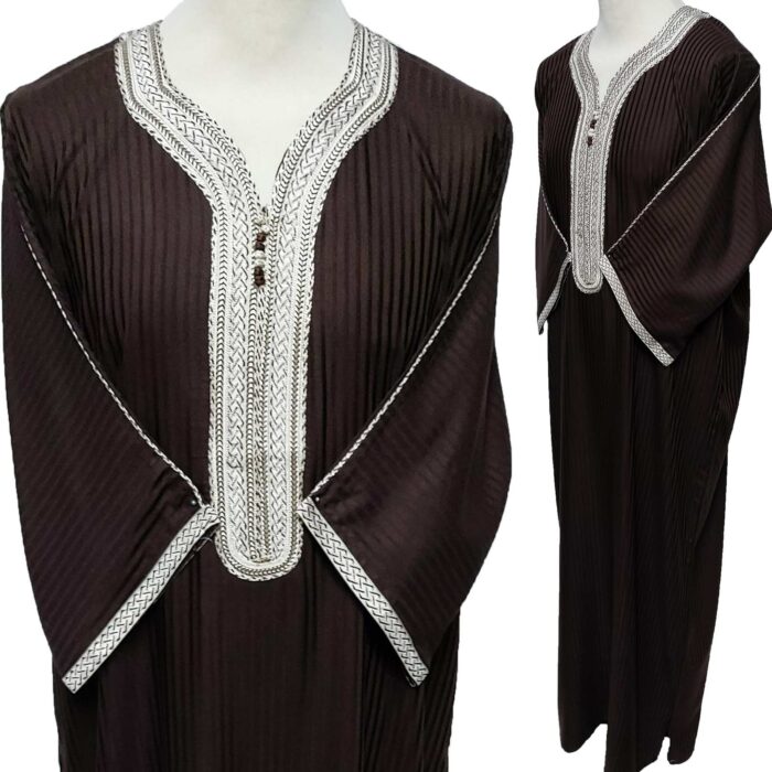 Moroccan 3/4 Sleeve Cotton Brown Striped Thobe