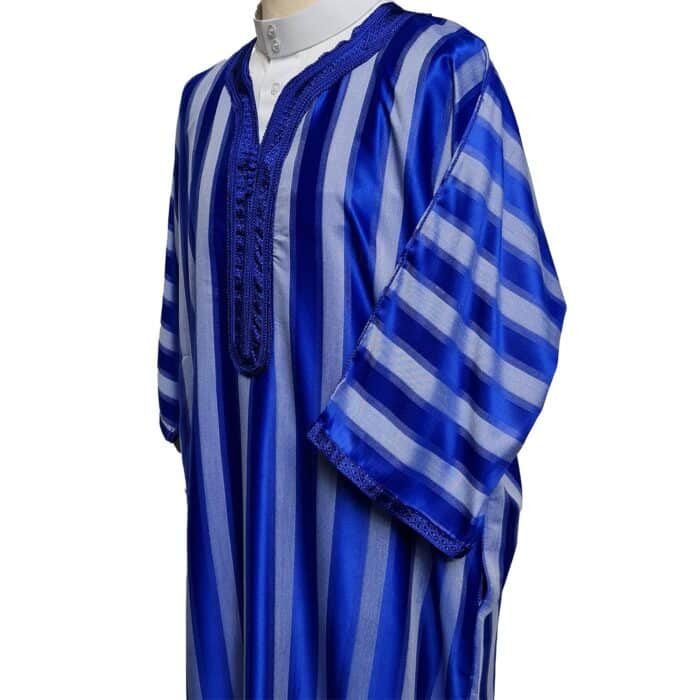 M3qs Wpc0024 003 Men's Moroccan Blue Grey Striped 3 Quarter Sleeves Thobe Jubba Kandorah Dishdasha (4)