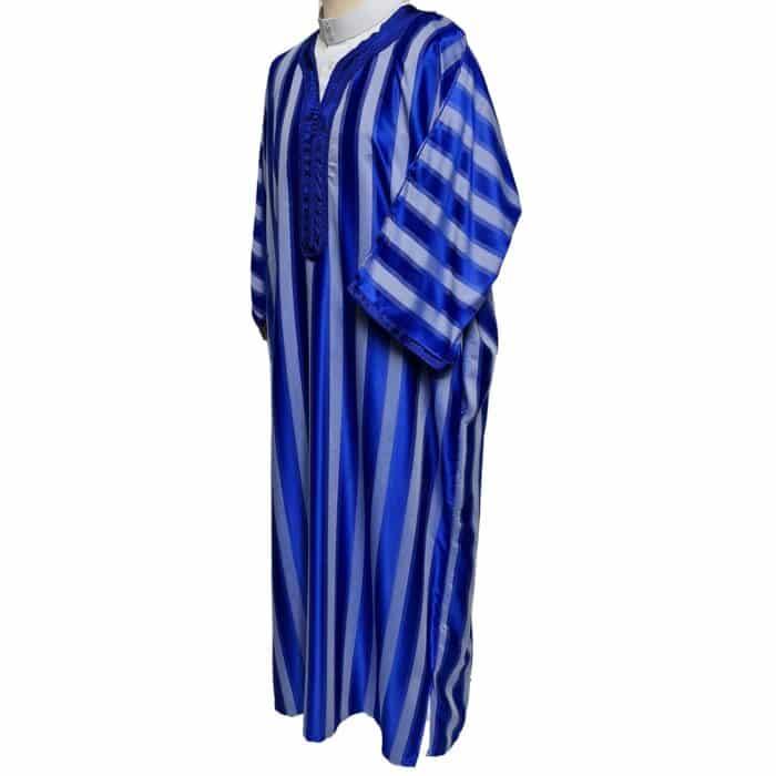 M3qs Wpc0024 003 Men's Moroccan Blue Grey Striped 3 Quarter Sleeves Thobe Jubba Kandorah Dishdasha (5)