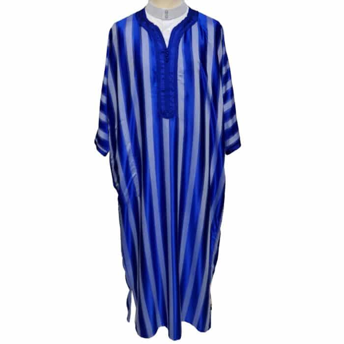 M3qs Wpc0024 003 Men's Moroccan Blue Grey Striped 3 Quarter Sleeves Thobe Jubba Kandorah Dishdasha (6)