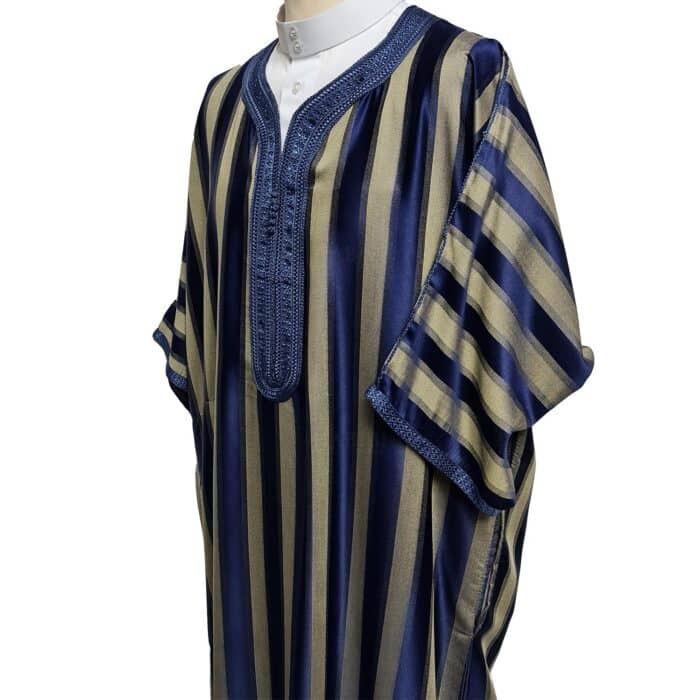 M3qs Wpc0024 004 Men's Moroccan Navy Blue Striped 3 Quarter Sleeves Thobe Jubba Kandorah Dishdasha (4)