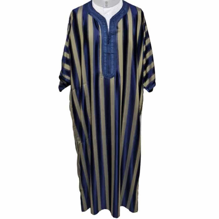 M3qs Wpc0024 004 Men's Moroccan Navy Blue Striped 3 Quarter Sleeves Thobe Jubba Kandorah Dishdasha (6)