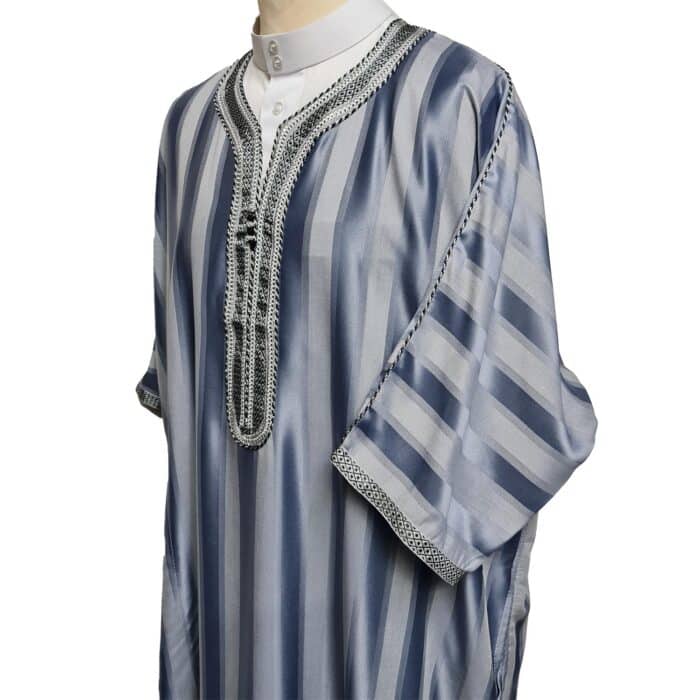 M3qs Wpc0024 005 Men's Moroccan Grey Striped 3 Quarter Sleeves Thobe Jubba Kandorah Dishdasha (4)