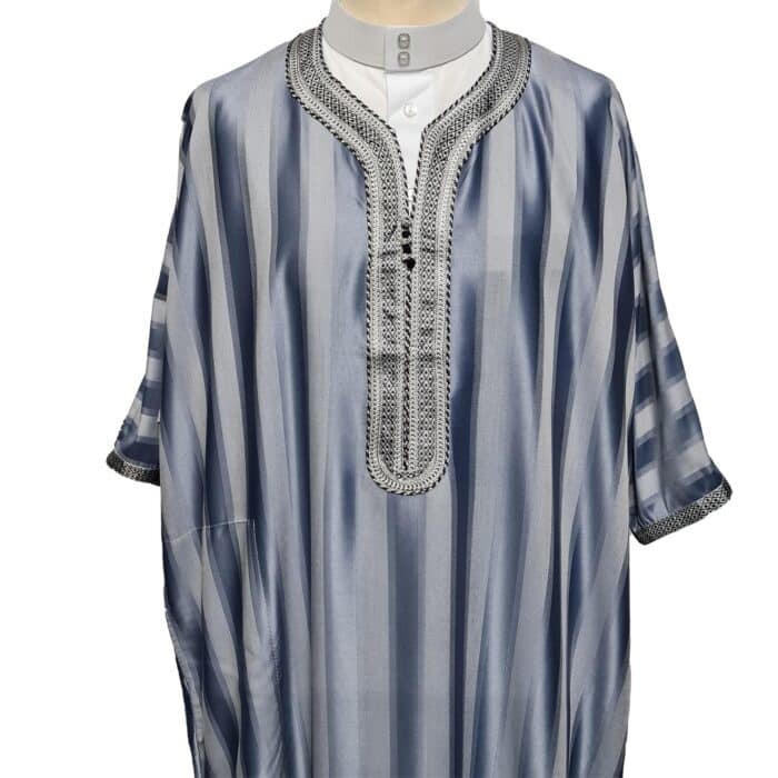 M3qs Wpc0024 005 Men's Moroccan Grey Striped 3 Quarter Sleeves Thobe Jubba Kandorah Dishdasha (7)