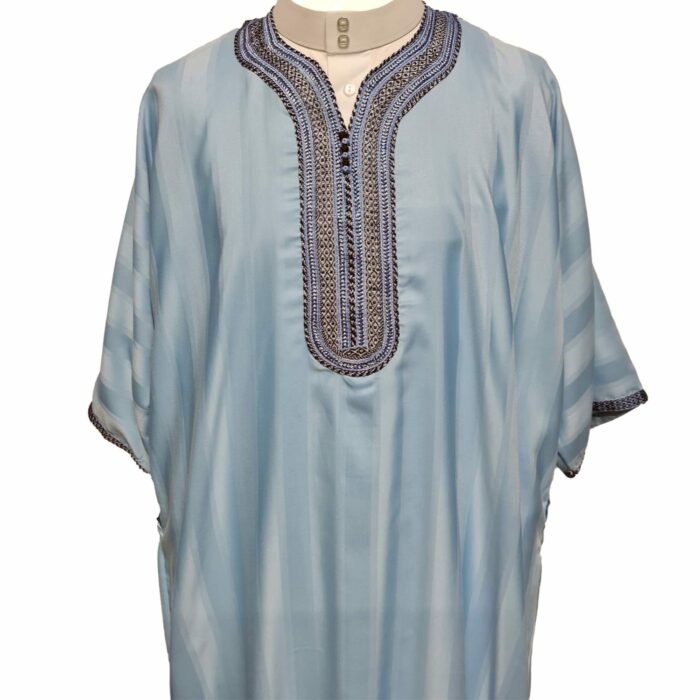 M3qs Wpc0024 008 Men's Moroccan Light Blue Striped 3 Quarter Sleeves Thobe Jubba Kandorah Dishdasha (7)