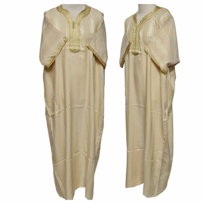 M3qs Yelbeigstrp 023 Men Moroccan Yellow Beige Stripes Short Sleeves Thobe Jubba Kandora (10)