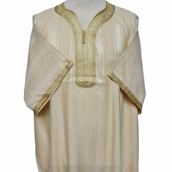 M3qs Yelbeigstrp 023 Men Moroccan Yellow Beige Stripes Short Sleeves Thobe Jubba Kandora (75)
