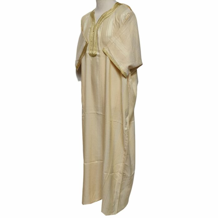 M3qs Yelbeigstrp 023 Men Moroccan Yellow Beige Stripes Short Sleeves Thobe Jubba Kandora (77)