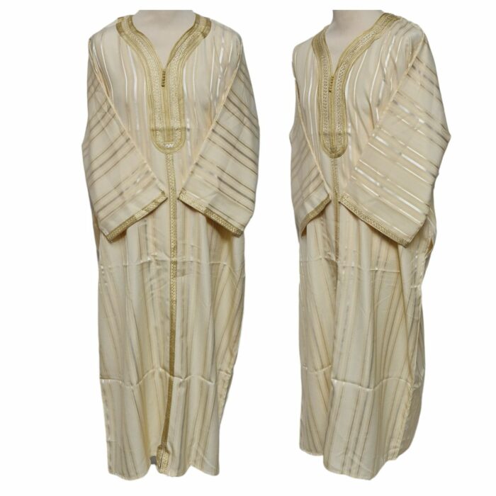 M3qs Yelbgstrp 024 Men Moroccan Yellow Beige Stripes 3 Quarter Sleeves Thobe Jubba Kandora (10)