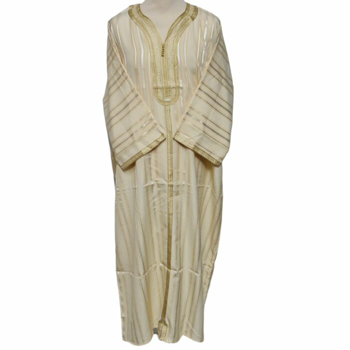 M3qs Yelbgstrp 024 Men Moroccan Yellow Beige Stripes 3 Quarter Sleeves Thobe Jubba Kandora (71)
