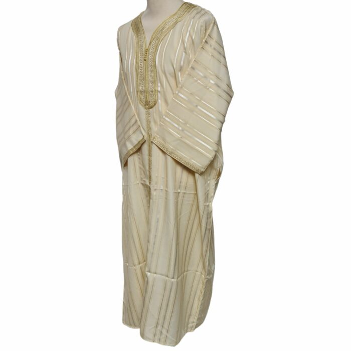 M3qs Yelbgstrp 024 Men Moroccan Yellow Beige Stripes 3 Quarter Sleeves Thobe Jubba Kandora (72)