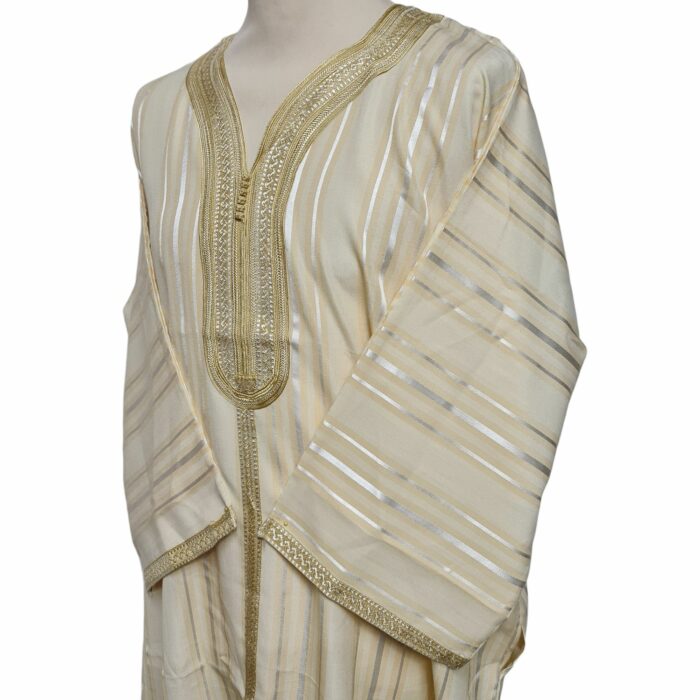 M3qs Yelbgstrp 024 Men Moroccan Yellow Beige Stripes 3 Quarter Sleeves Thobe Jubba Kandora (73)