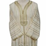 M3qs Yelbgstrp 024 Men Moroccan Yellow Beige Stripes 3 Quarter Sleeves Thobe Jubba Kandora (74)