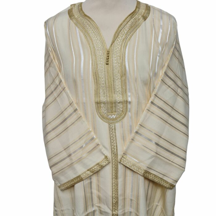 M3qs Yelbgstrp 024 Men Moroccan Yellow Beige Stripes 3 Quarter Sleeves Thobe Jubba Kandora (74)