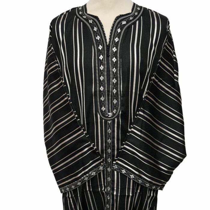 M3qsblkwht 25c Men Moroccan Black White Stripes 3 Quarter Sleeves Thobe Jubba Kandora (91)