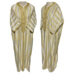 M3qsyeldam 022b Men's Moroccan 3 Quarter Sleeve Cream Yellow Striped Jubba Thobe Djellaba